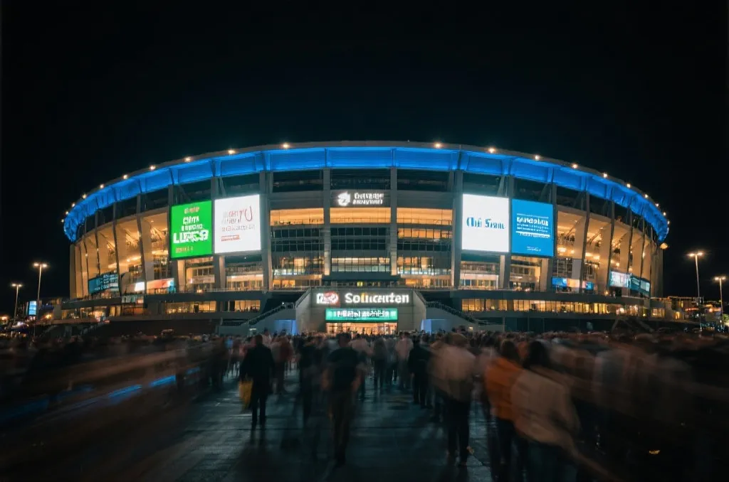 体育场外部夜景与商业广告牌