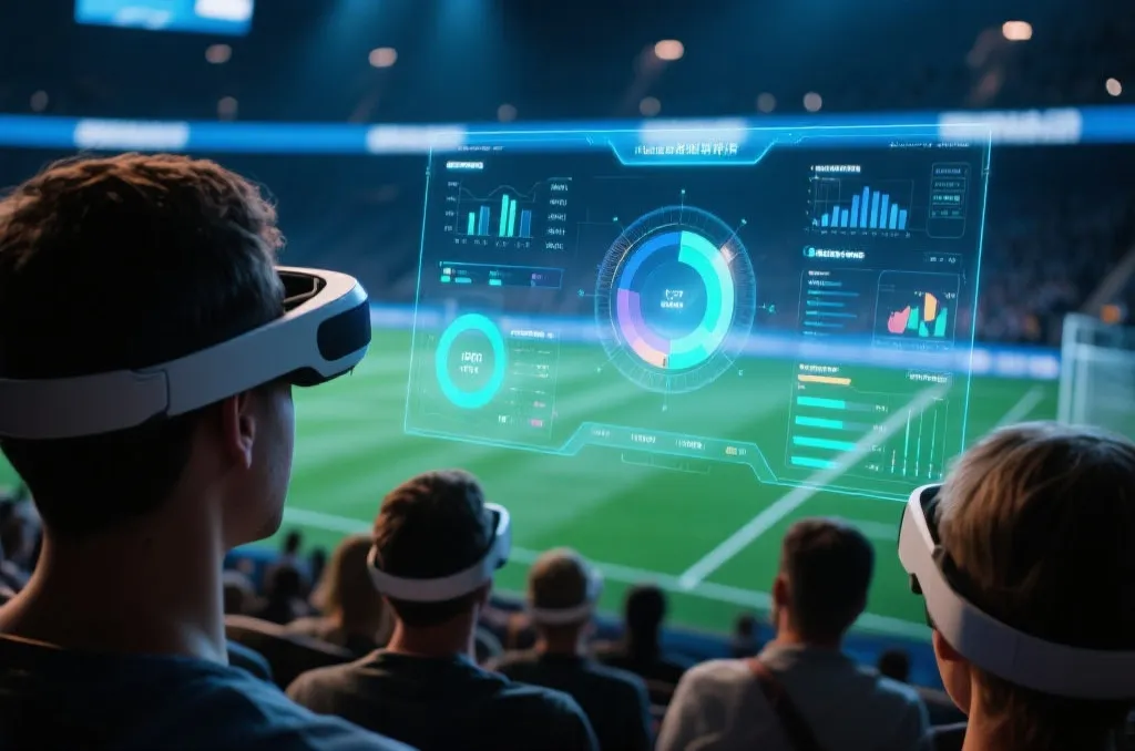 观众使用AR设备观看比赛,屏幕上显示数据可视化