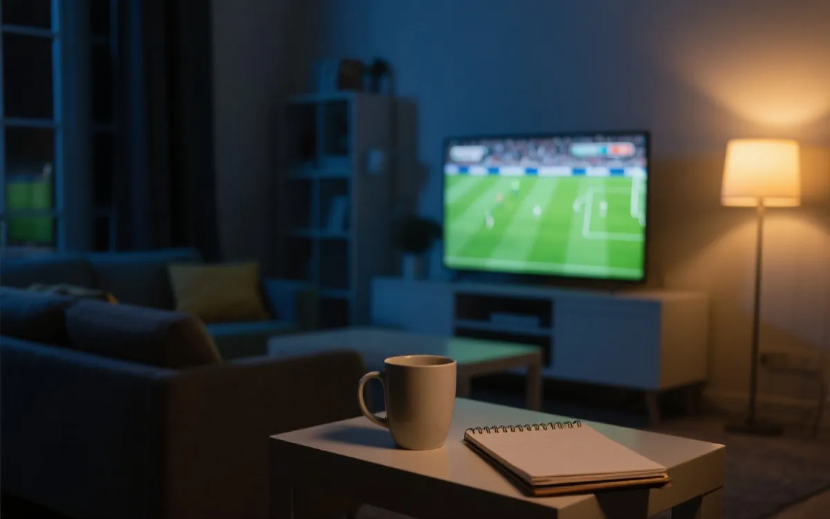 深夜客厅看球：柔和灯光、桌上热饮与笔记，呈现理性追赛与情绪管理氛围