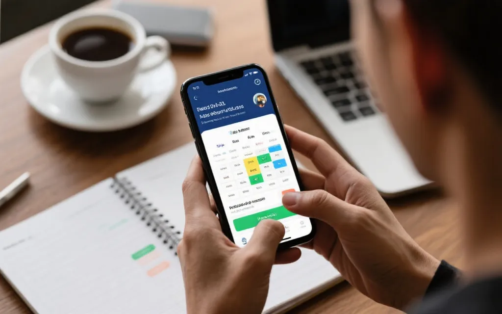 手机上查看赛程与提示，旁边是笔记本与咖啡，强调有序规划与网络安全